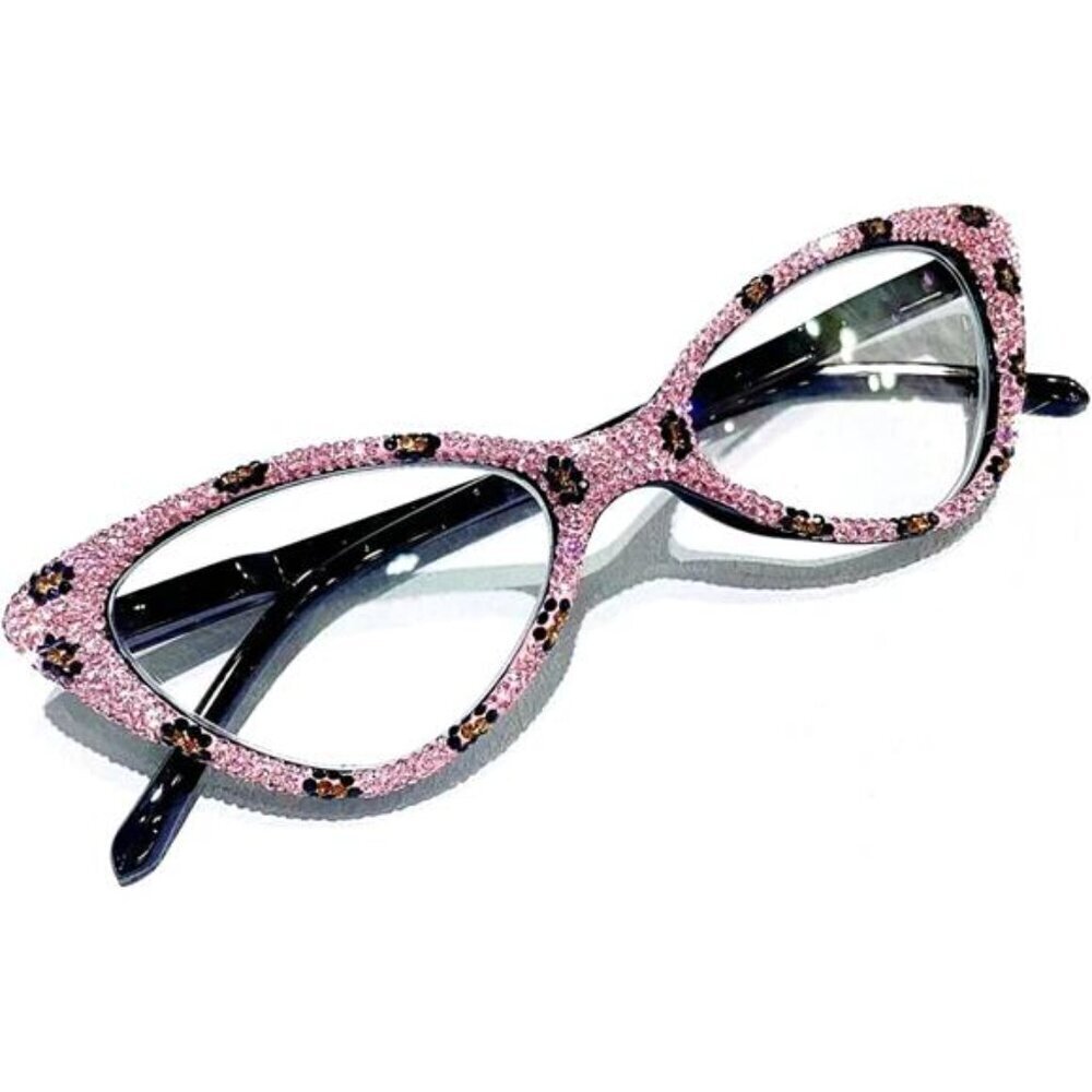 Glam Pink Rhinestone Cat-Eye Glasses – Sparkly Vintage Statement Frames X1.5 Mag